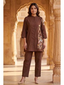 Autumnlane - Brown Mandarin Neck Embroidered Co-ord Set