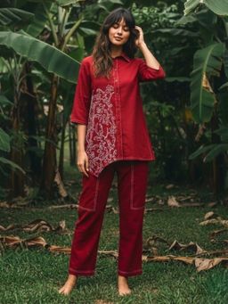 Autumnlane - Red Collar Neck Embroidered Co-ord Set