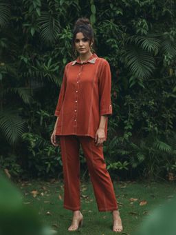 Autumnlane - Rust Collar Neck Solid/Plain Co-ord Set