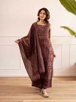 Autumnlane - Brown Square Neck Printed Kurta Pant & Dupatta