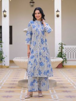 Autumnlane - Blue Mandarin Neck Floral Co-ord Set