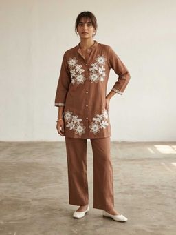 Autumnlane - Brown Mandarin Neck Embroidered Co-ord Set