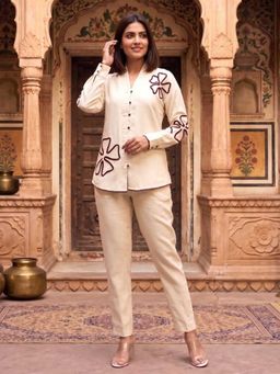 Autumnlane - Beige V-Neck Embroidered Co-ord Set