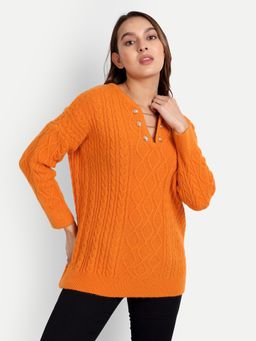 IKI CHIC - Orange Oversized Cable Knit Sweater with Chain Detailing
