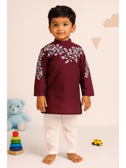 NFC CREATION - Boys Dupion Silk Printed Kurta and Pyjama - Wine