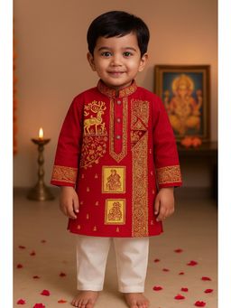NFC CREATION - Boys Pure Cotton Printed Kurta and Pyjama - Red