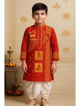 NFC CREATION - Boys Pure Cotton Printed Kurta and Dhoti - Red