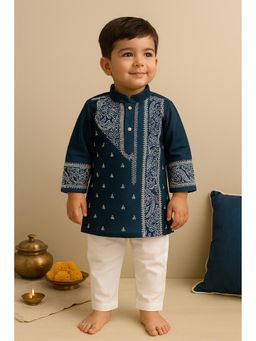 NFC CREATION - Boys Dupion Silk Printed Kurta and Pyjama - Teal