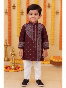 NFC CREATION - Boys Dupion Silk Printed Kurta and Pyjama - Wine