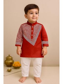 NFC CREATION - Boys Dupion Silk Printed Kurta and Pyjama - Red