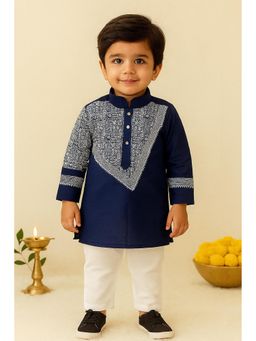 NFC CREATION - Boys Dupion Silk Printed Kurta and Pyjama - Blue