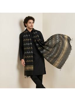 MUFFLY - Elegant Men Black Cutwork Zig-Zag Pattern and Woven Stripes Ethnic Dupatta