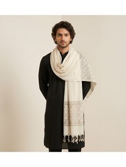 MUFFLY - Men White Diamond Pattern Woven Border and Tassel Detailing Dupatta