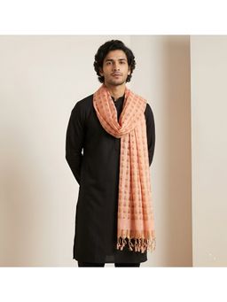 MUFFLY - Men Peach Golden Box Pattern Woven Design and Tassel Detailing Dupatta