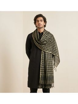 MUFFLY - Men Black Golden Box Pattern Woven Design and Tassel Detailing Dupatta