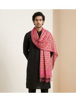 MUFFLY - Men Pink Golden Box Pattern Woven Design and Tassel Detailing Dupatta