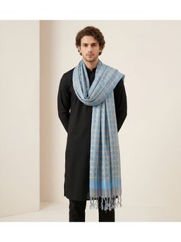 MUFFLY - Men Blue Golden Box Pattern Woven Design and Tassel Detailing Dupatta