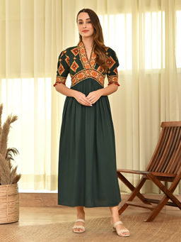 Rustorange - Emerald Green V Neck Gathered Dress With Puff Sleeves