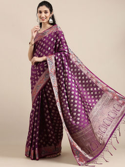 Akhilam - Wine Festive Silk Blend Woven Design Saree With Unstitched Blouse