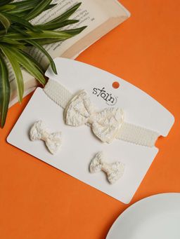 Stol'N - Cream Self Design Cotton Hair Clips and Hair Band