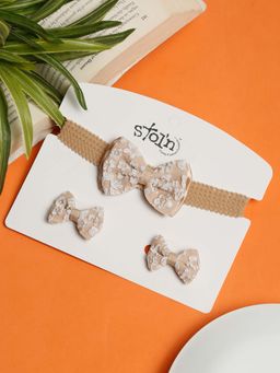 Stol'N - Beige Self Design Cotton Hair Clips and Hair Band
