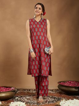 Janasya - Women's Maroon Pure Cotton Floral Printed Straight Co-Ord Set