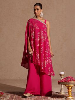 Janasya - Women's Pink Embellished Gold Printed Crop Top with Palazzo and Cape