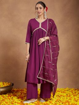 Janasya - Women's Wine Rayon Embellished A-Line Kurta and Pant with Dupatta