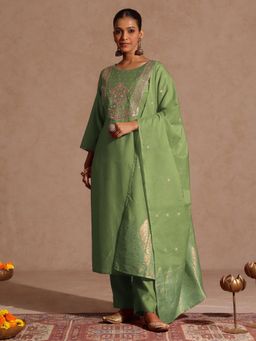 Janasya - Women's Sage Green Zari Yoke Embroidered Straight Kurta and Pant with Dupatta