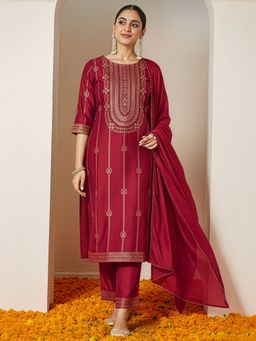 Janasya - Women's Maroon Silk Blend Gold Printed Straight Kurta and Pant with Dupatta