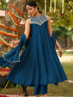 Janasya - Women Teal Chander Silk Embellished Anarkali Kurta and Pant with Dupatta
