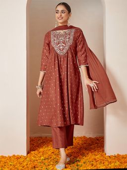 Janasya - Women's Rust Zari Embroidered Gold Printed A-Line Kurta and Pant with Dupatta