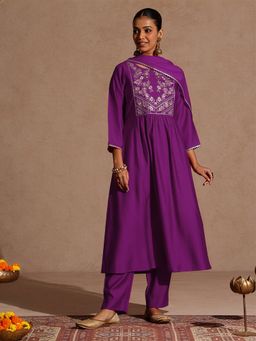 Janasya - Women's Purple Silk Blend Yoke Embroidered A-Line Kurta and Pant with Dupatta