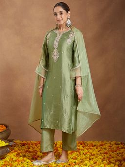 Janasya - Women's Sage Green Zari Embroidered Straight Kurta and Pant with Dupatta