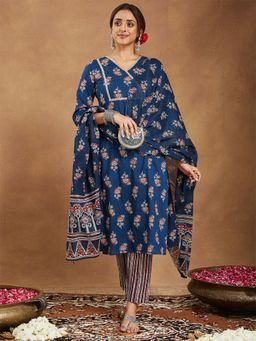 Janasya - Women's Blue Floral Printed Straight Kurta and Pant with Dupatta