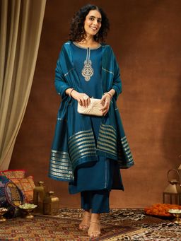 Janasya - Women's Teal Chander Silk Yoke Embroidery Straight Kurta and Pant with Dupatta