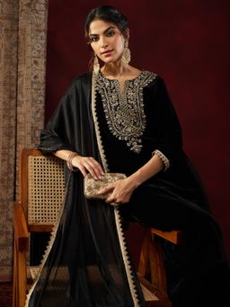 Janasya - Women's Black Velvet Zari Embroidered Straight Kurta and Pant with Dupatta