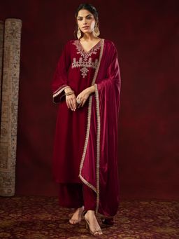 Janasya - Women's Maroon Velvet Zari Embroidered Straight Kurta and Pant with Dupatta