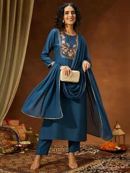 Janasya - Women's Teal Silk Blend Yoke Embroidered Straight Kurta and Pant with Dupatta