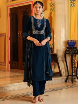 Janasya - Women's Navy Blue Velvet Zari Embroidered Straight Kurta and Pant with Dupatta