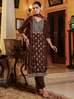 Janasya - Women's Brown Velvet Gold Printed Straight Kurta and Pant with Dupatta