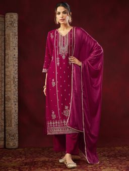 Janasya - Women's Pink Velvet Gold Printed Straight Kurta and Pant with Dupatta