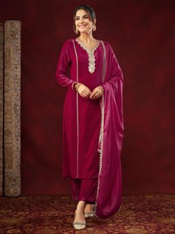 Janasya - Women's Pink Velvet Straight Kurta and Pant with Dupatta