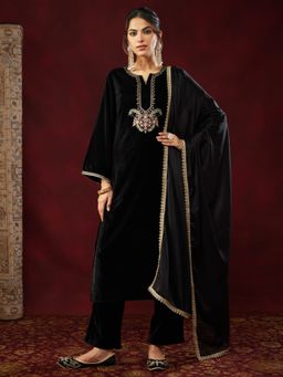 Janasya - Women's Black Velvet Embroidered Straight Kurta and Pant with Dupatta