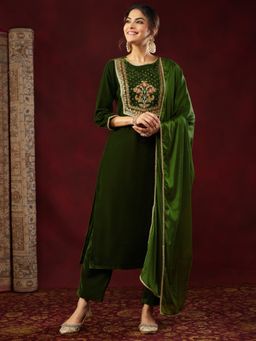 Janasya - Women's Olive Green Velvet Embroidered Straight Kurta and Pant with Dupatta