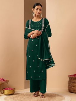 Janasya - Women's Bottle Green Silk Blend Zari Embroidered Straight Kurta and Pant with Dupatta