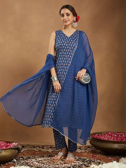 Janasya - Women's Blue Pure Cotton Ethnic Motifs Printed Straight Kurta and Pant with Dupatta