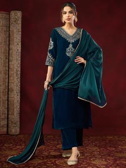 Janasya - Women's Teal Blue Velvet Zari Embroidered Straight Kurta and Pant with Dupatta