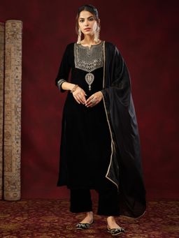 Janasya - Women's Black Velvet Zari Embroidered Straight Kurta and Pant with Dupatta