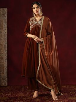 Janasya - Women's Brown Velvet Zari Embroidered A-Line Kurta and Pant with Dupatta